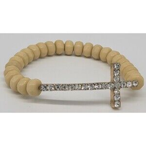 Rhinestone Cross Beaded Stretch Bracelet Beige Acrylic Gold Tone Metal Religious